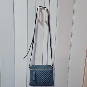 Elegant Blue Quilted Chevron Crossbody Bag Gold Hardware